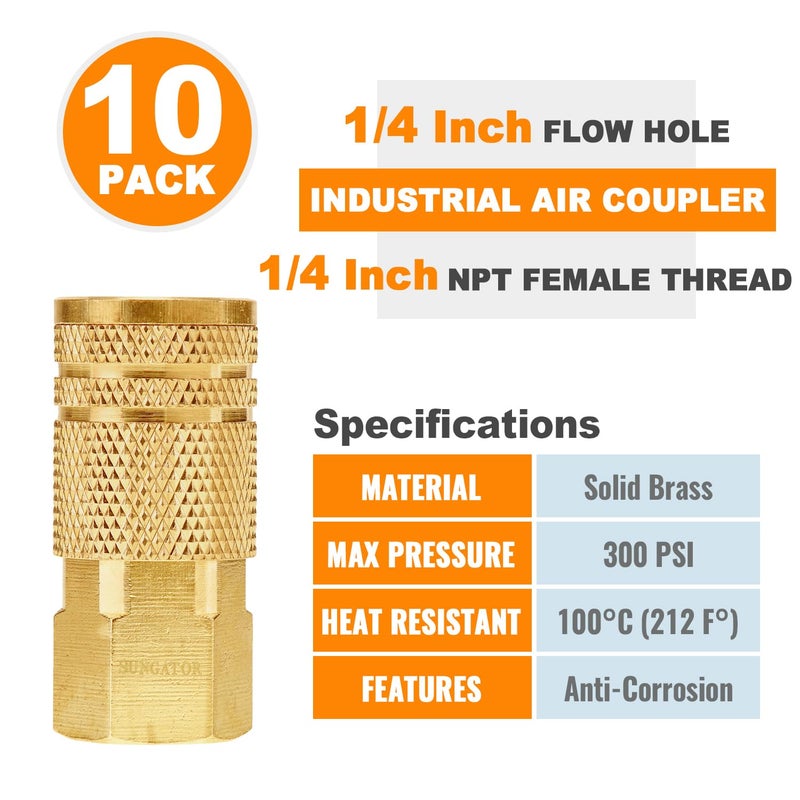 SUNGATOR 1/4'' Air Hose fittings, 10-Pack Brass 1/4 Inch NTP Female Industrial Coupler, 1/4'' Air Line Quick Connect Fittings for Auto Shop, Compressor Hose Repair Kit, 1/4 Inch NTP Coupler - Image 4